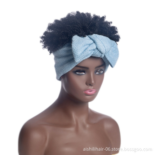 Aishili wholesale synthetic wrap turban hair short kinky afro curly knot scarf headband wig for black women